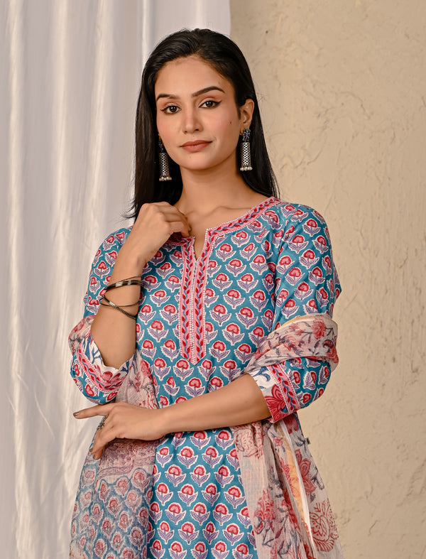 Blue Butta Block Printed Cotton Kurta Pant Set