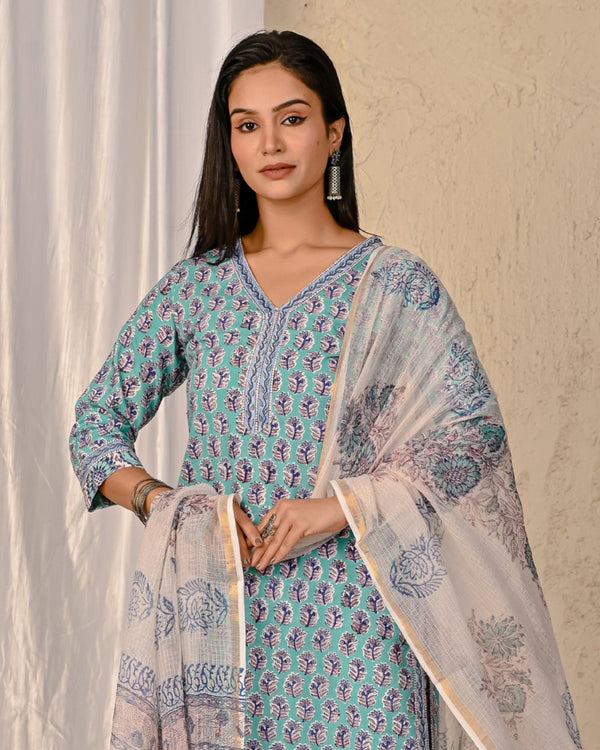 Turquoise Butta Block Printed Cotton Kurta Pant Set