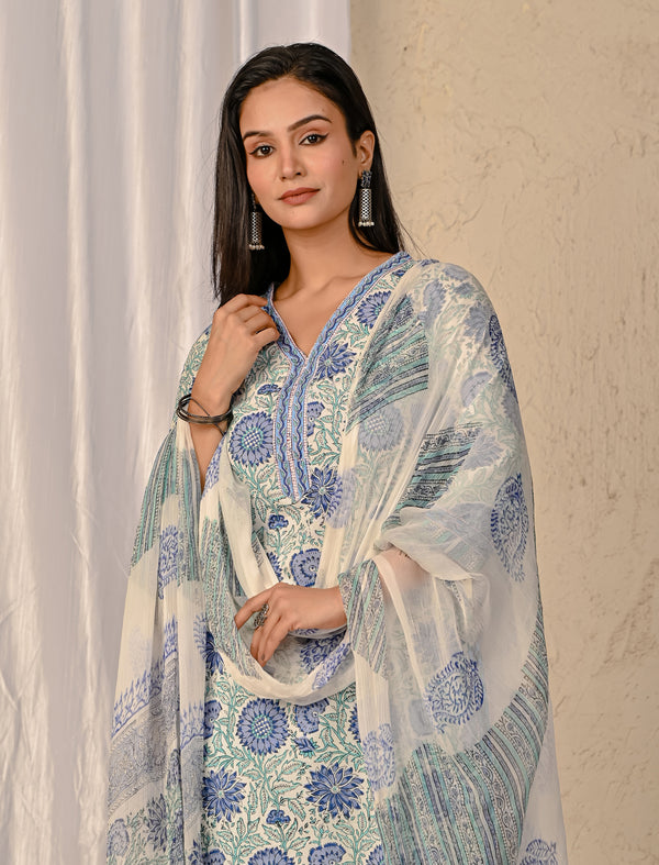 White Jaal Block Printed Cotton Kurta Pant Set
