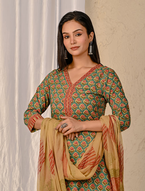 Sea Green Butta Block Printed Cotton Kurta Pant Set