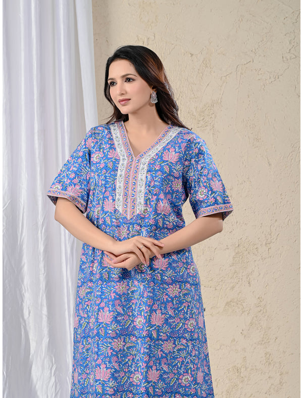 Blue Jaal Cotton Comfortable Night Gown