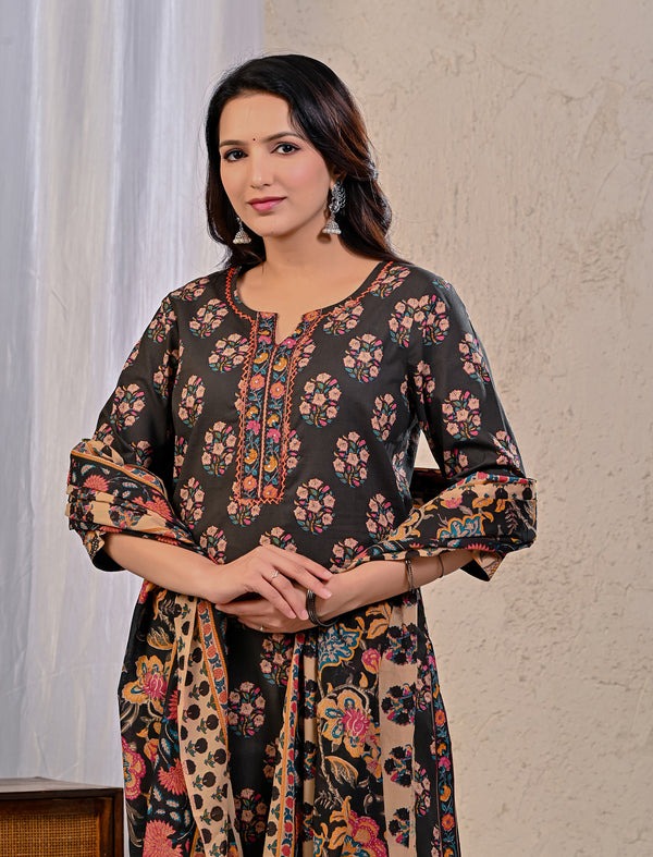 Black Butta Block Printed Cotton Kurta Pant Set With Mulmul Dupatta