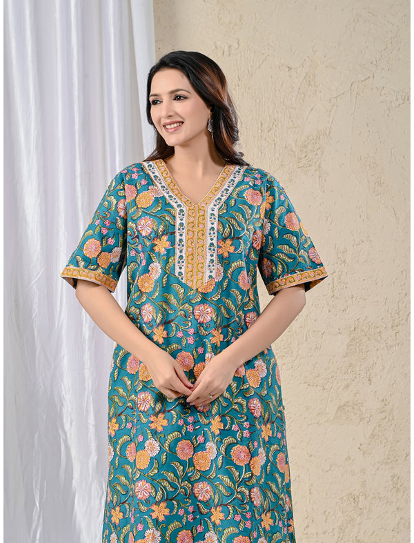 Sea Green Jaal Cotton Comfortable Night Gown