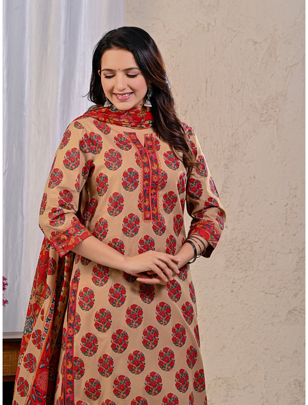 Beige Red Butta Block Printed Cotton Kurta Pant Set With Mulmul Dupatta