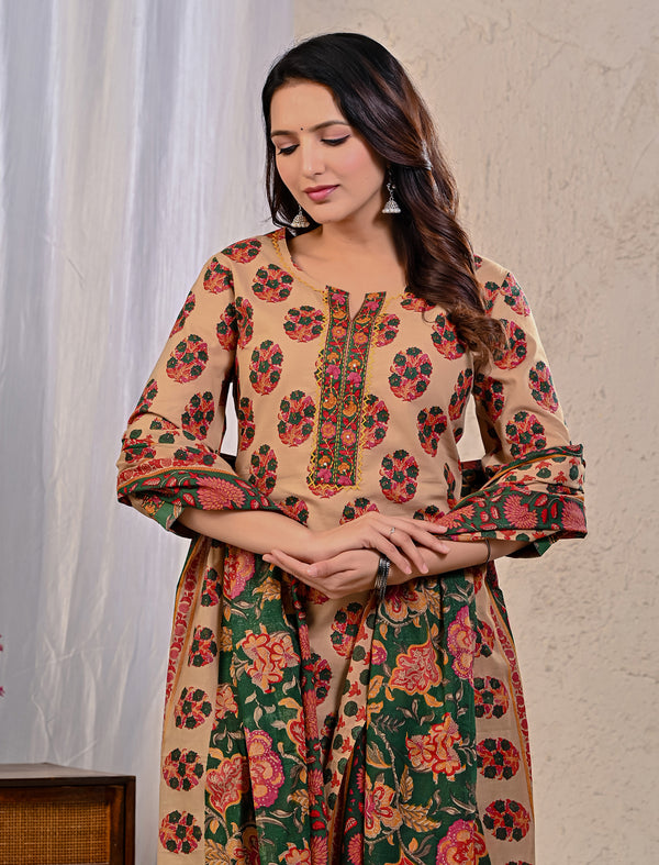 Beige Pink Butta Block Printed Cotton Kurta Pant Set With Mulmul Dupatta
