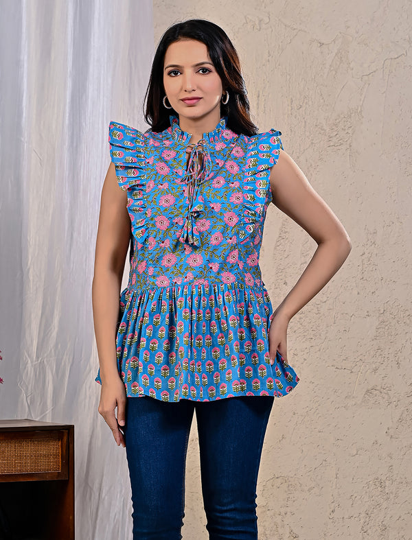 Blue Jaal Cotton Printed Top