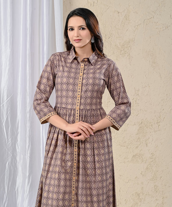 Beige Cotton Printed Long Dress