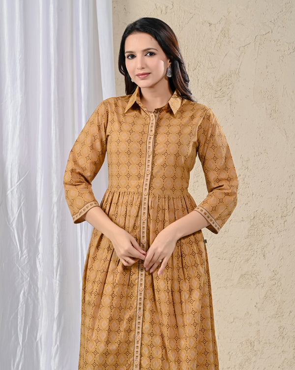 Mustard Cotton Printed Long Dress