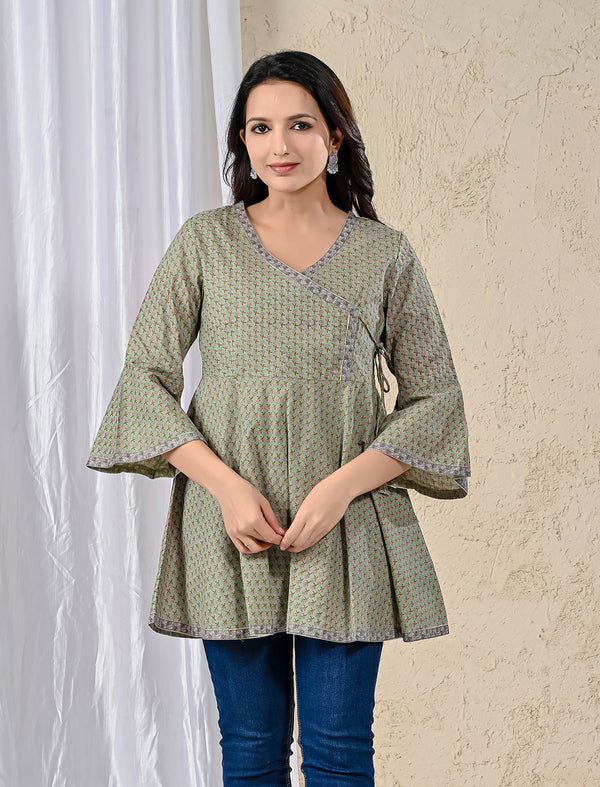 Green Cotton Printed Angrakha Top