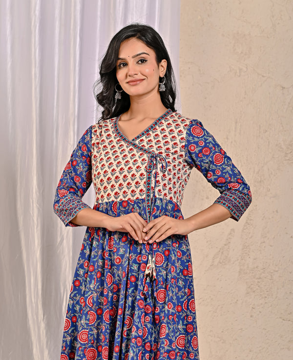 Blue Jaal Jaipuri Printed Long Angrakha Cotton Dress