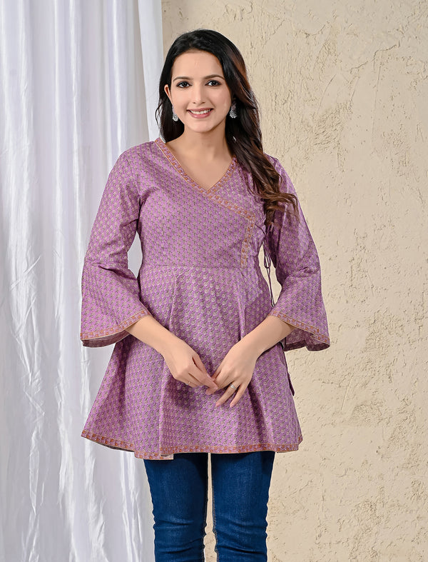 Purple Cotton Printed Angrakha Top
