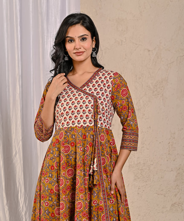 Mustard Jaal Jaipuri Printed Long Angrakha Cotton Dress