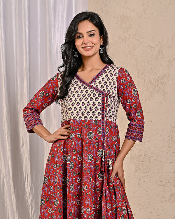 Maroon Jaal Jaipuri Printed Long Angrakha Cotton Dress