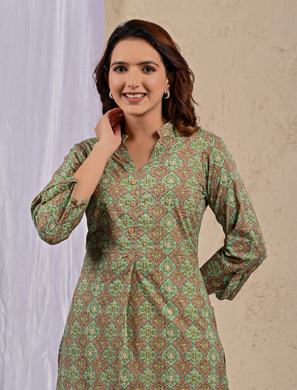 Green Block Printed Straight Kurti