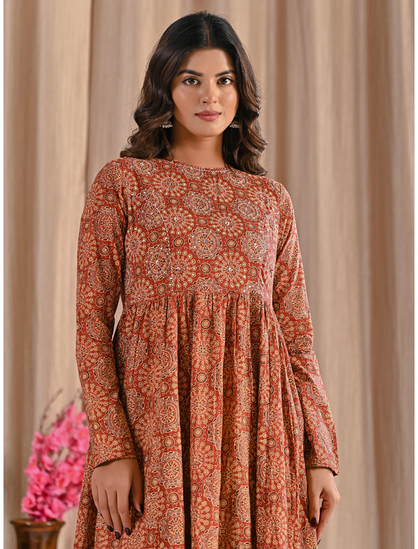 Hand Block Printed Red Cotton Dress