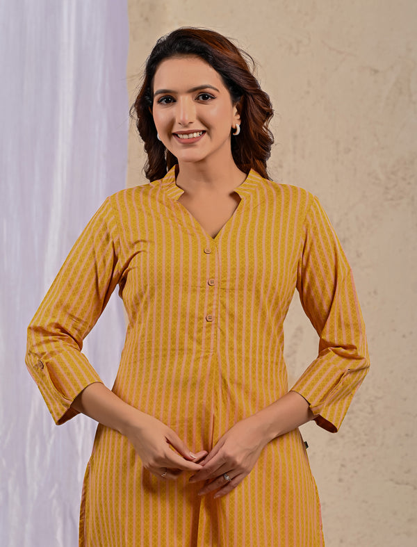 Yellow Stripes Printed Straight Kurti