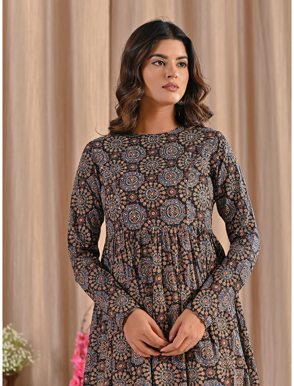 Hand Block Printed Black Cotton Dress
