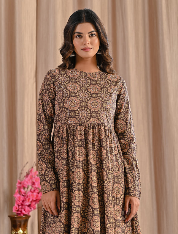 Hand Block Printed Brown Cotton Dress