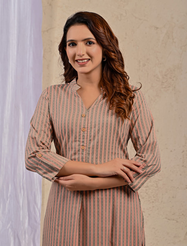 Peach Stripe Printed Straight Kurti