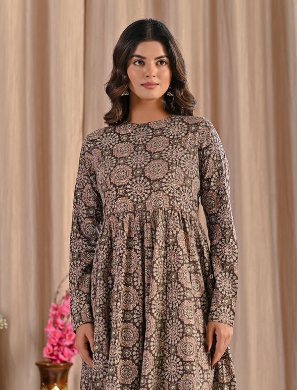 Hand Block Printed Beige Cotton Dress