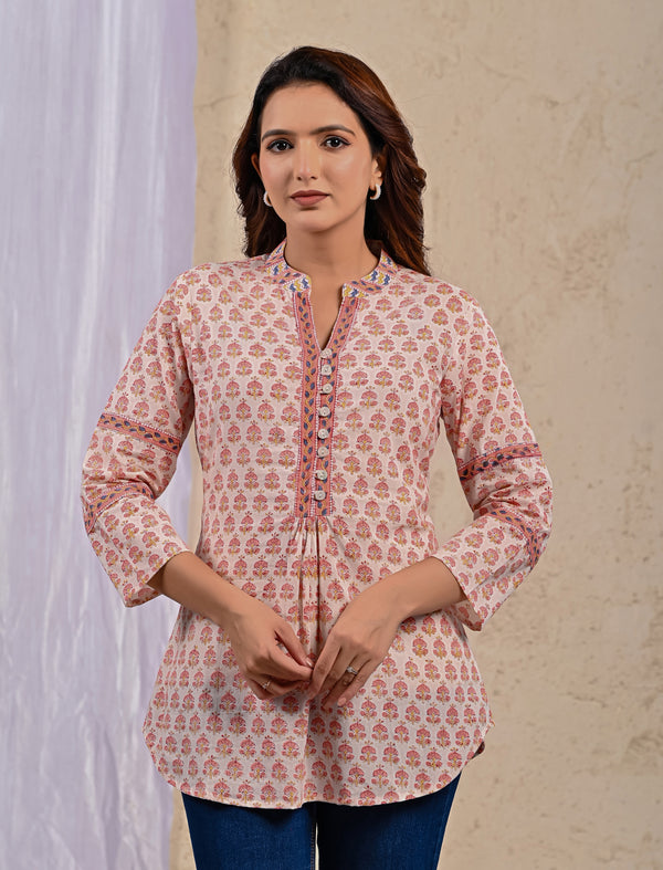 White Butti Cotton Printed Top With Front Buttons