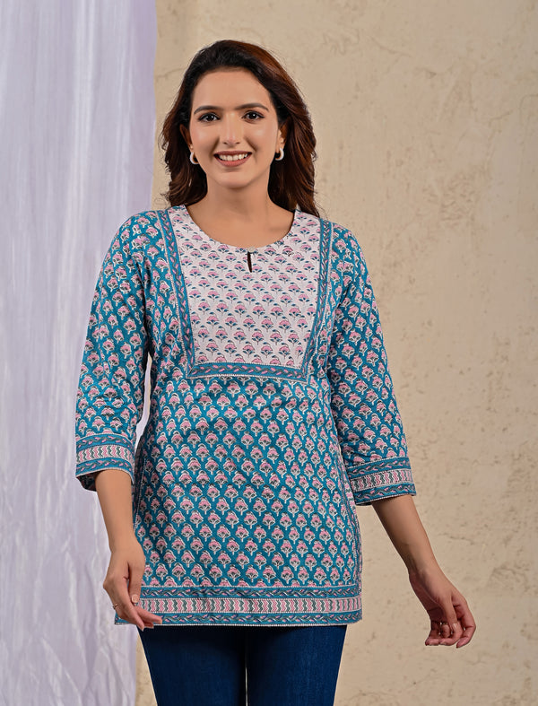 Blue Butti Cotton Printed Top