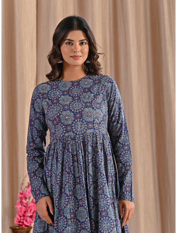 Hand Block Printed Blue Cotton Dress