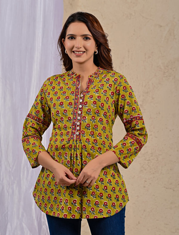 Green Butti Cotton Printed Top With Front Buttons