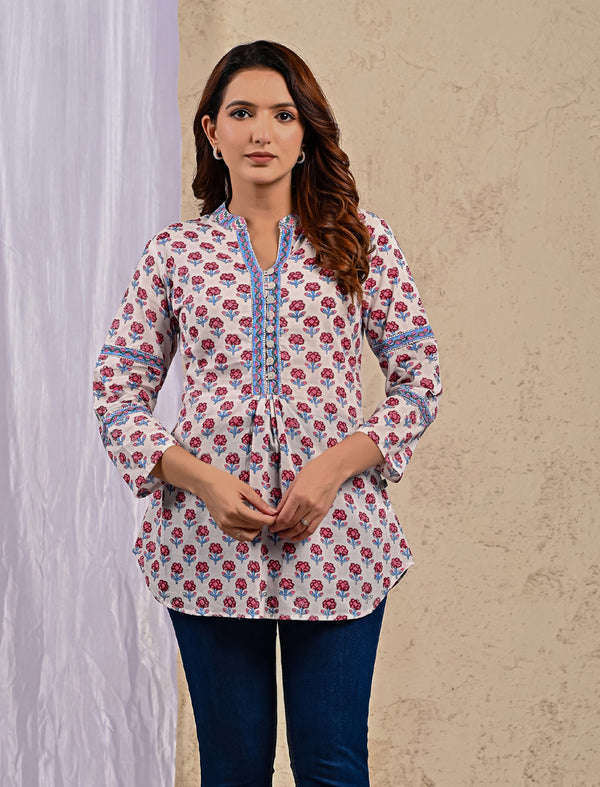 White Butti Cotton Printed Top With Front Buttons