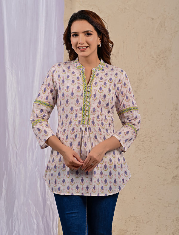 White Butti Cotton Printed Top With Front Buttons