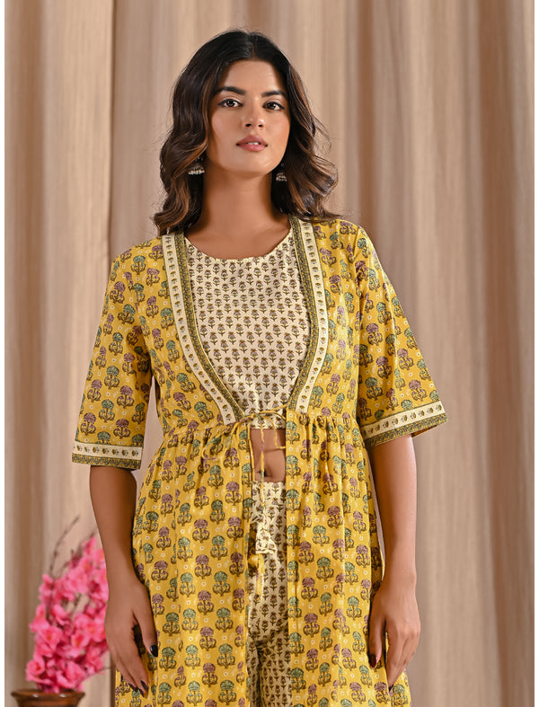 Yellow Printed Cotton Shrug Co-Ord Set
