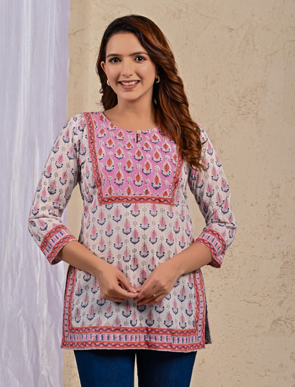 White Butti Cotton Printed Top