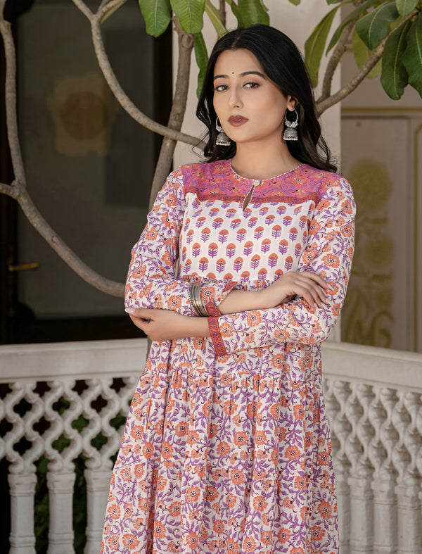 White Pink Jaal Cotton Block Printed Long Dress
