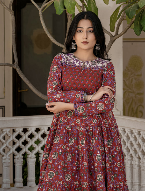Maroon Pink Jaal Cotton Block Printed Long Dress