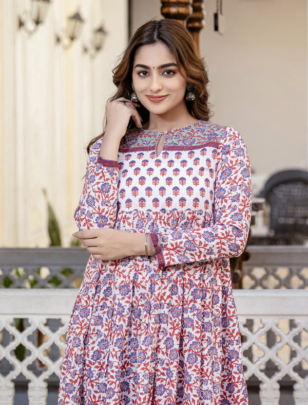 White Blue Jaal Cotton Block Printed Long Dress