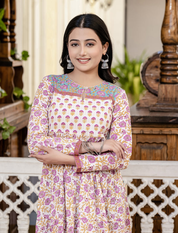 White Yellow Jaal Cotton Block Printed Long Dress