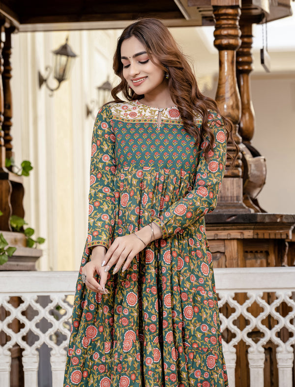 Green Jaal Cotton Block Printed Long Dress