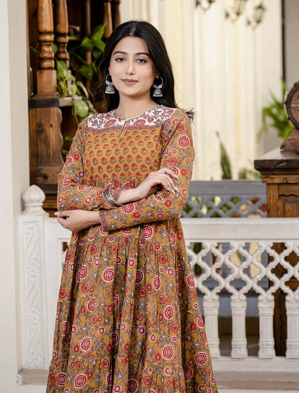 Mustard Jaal Cotton Block Printed Long Dress