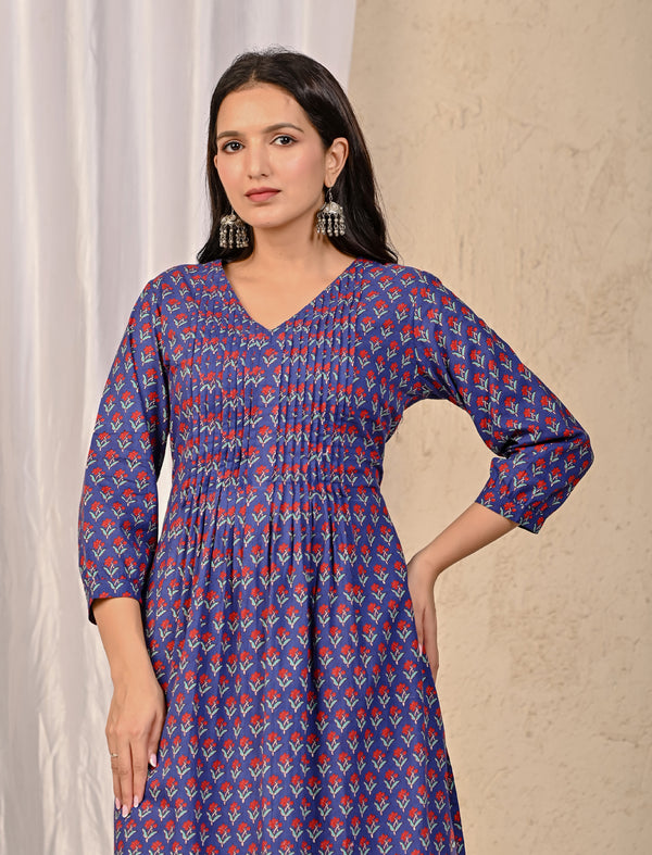 Blue Block Printed Cotton Kurta Pant Set