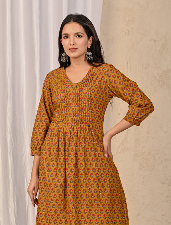 Mustard Block Printed Cotton Kurta Pant Set