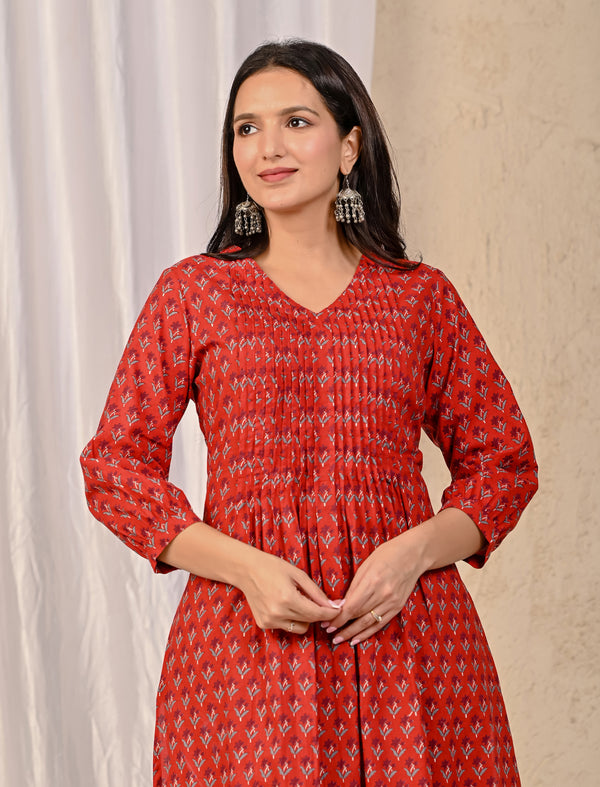 Red Block Printed Cotton Kurta Pant Set