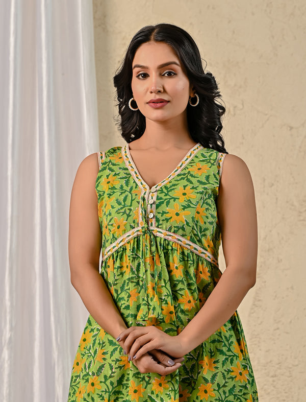Green Jaal Block Printed Mulmul Cotton Dress