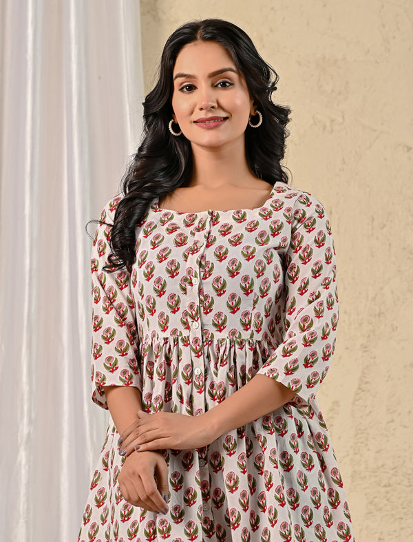 White Pink Butta Hand Block Printed Cotton Dress With Front Buttons