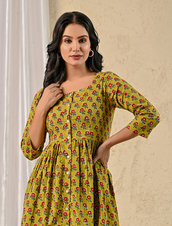 Green Butta Hand Block Printed Cotton Dress With Front Buttons
