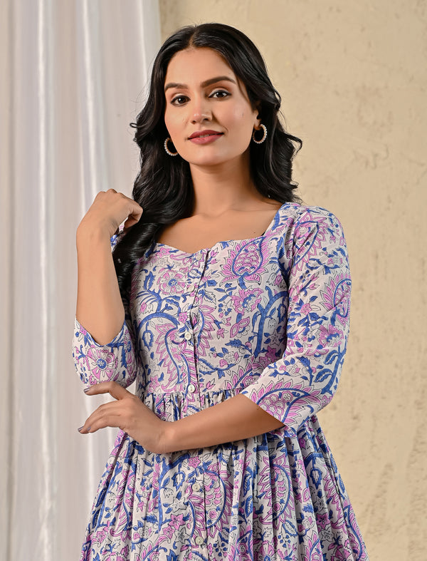 White Purple Jaal Hand Block Printed Cotton Dress With Front Buttons