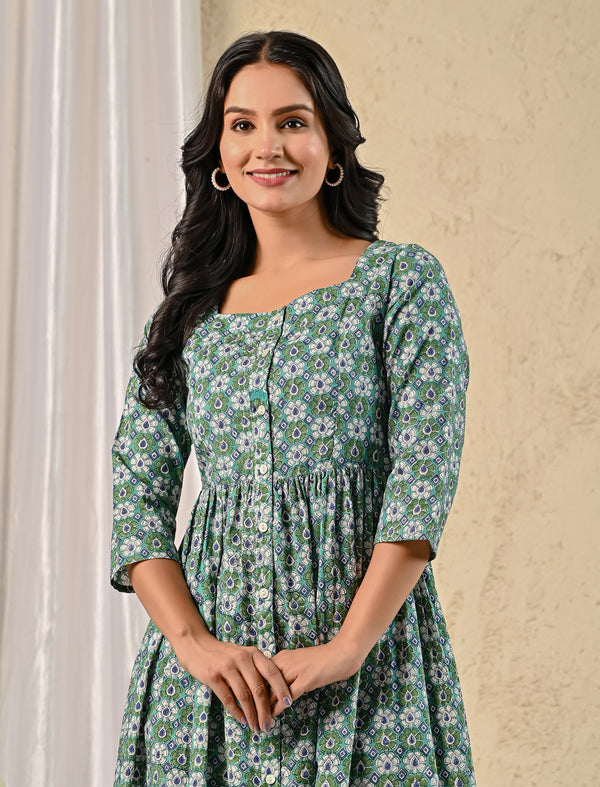 Green Jaal Hand Block Printed Cotton Dress With Front Buttons