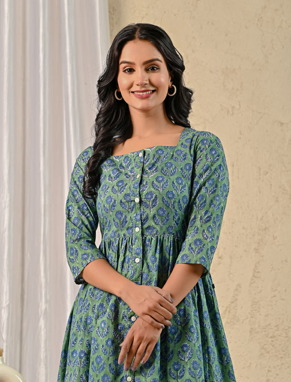 Green Butta Hand Block Printed Cotton Dress With Front Buttons
