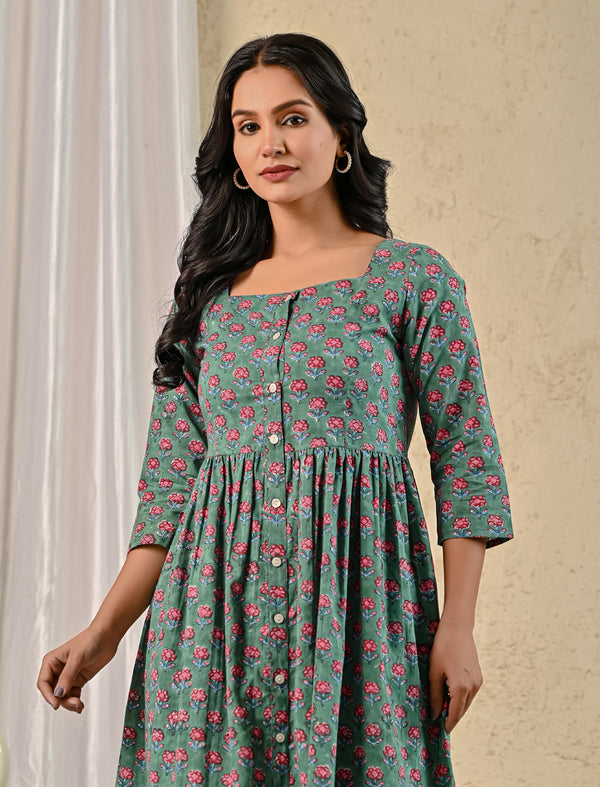 Green Flower Hand Block Printed Cotton Dress With Front Buttons