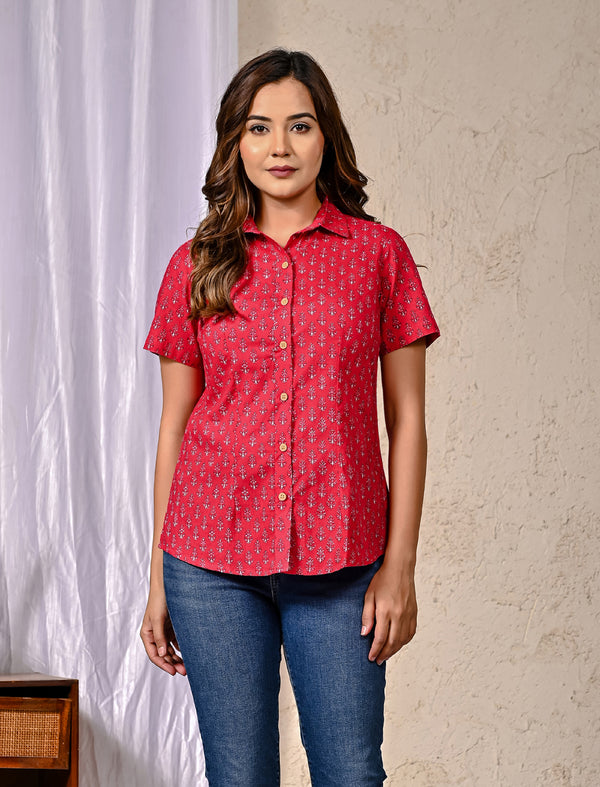 Red Cotton Printed Half Sleeves Shirt For Women