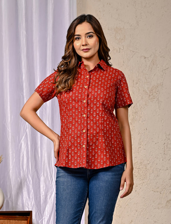 Red Cotton Printed Half Sleeves Shirt For Women